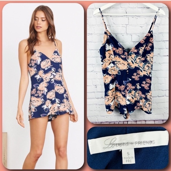Lovers + Friends Navy & Coral Floral Shorts Romper - Picture 1 of 12